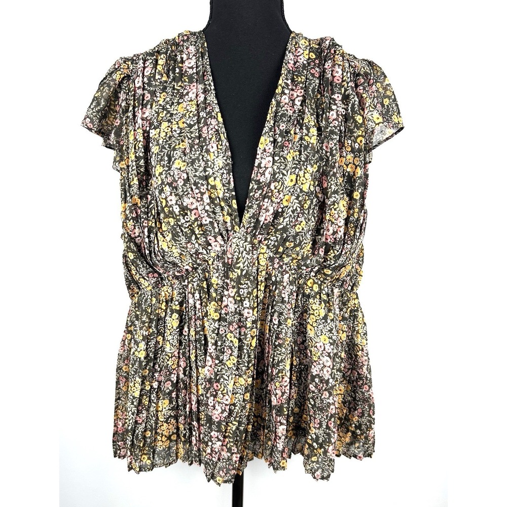 Les Serein Women Floral Pleated Peplum Blouse‎ V-Neck Cap Sleeve SNX24137PSD 2X